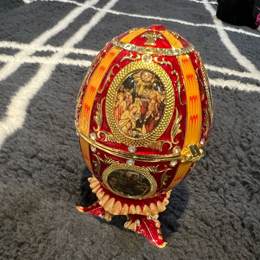 Red catholic Faberge egg jewelry trinket box